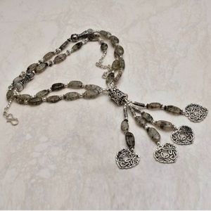 New Unique Black Rutile Quartz 925 Silver Hearts Necklace.